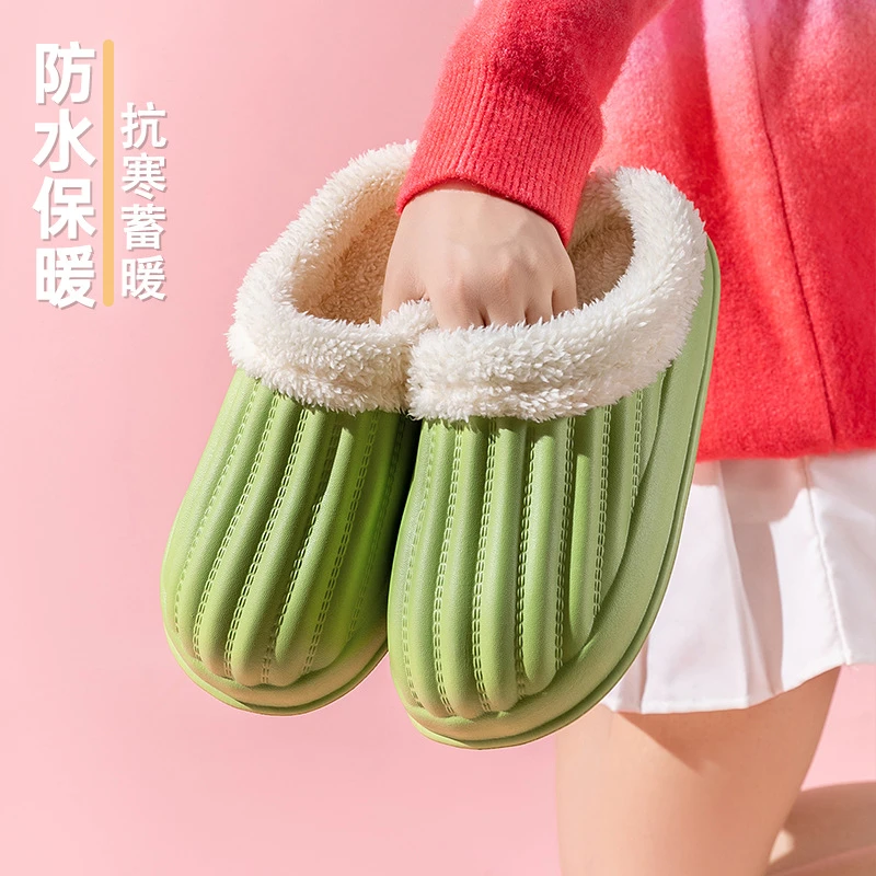 冬季新款eva防水棉拖鞋居家防滑加绒棉鞋情侣外穿保暖毛绒月子鞋