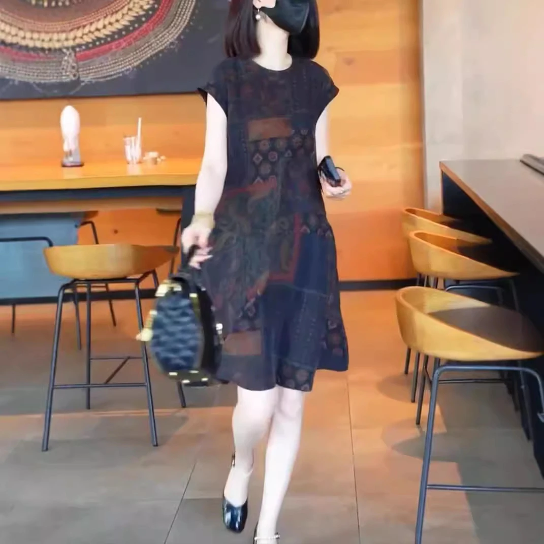 24630时尚气质潮流夏季新款圆领宽松印花连衣裙中长款显瘦女裙