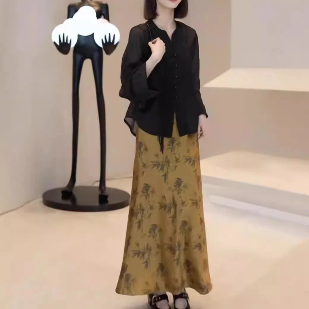 24760高智淡人2024秋季新款复古中式长袖衬衫高腰印花半身裙女