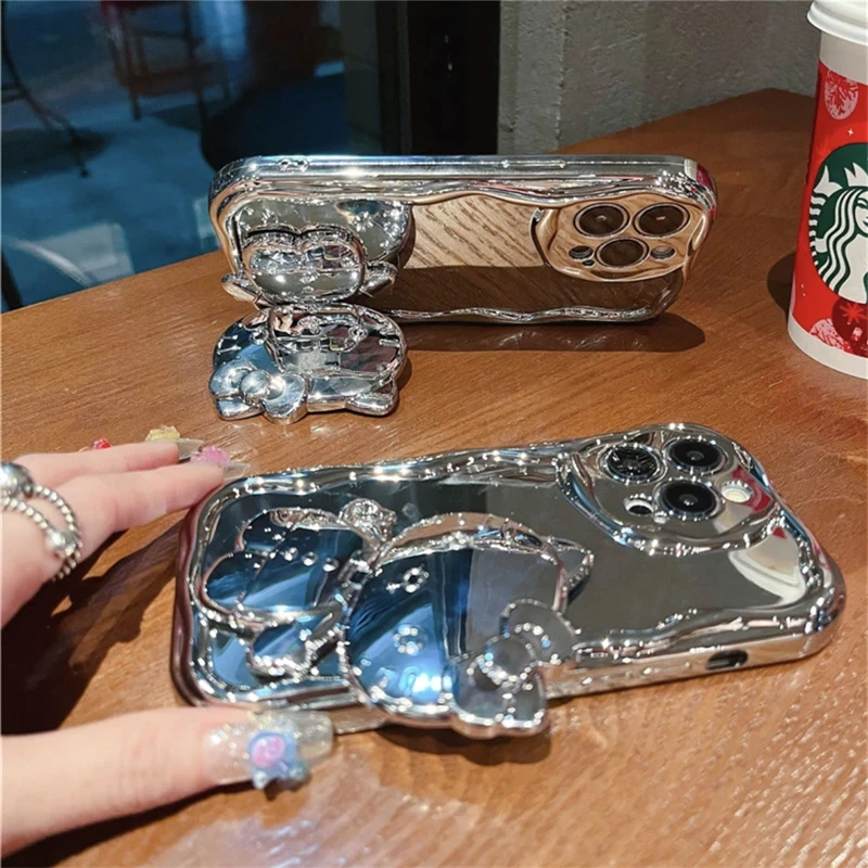 苹果oppo华为小米vivo电镀曲边纹高颜值凯蒂猫支架化妆镜爱心女