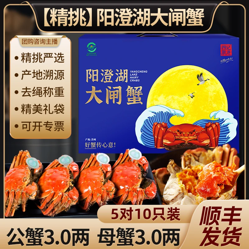 【活蟹】阳澄湖大闸蟹 公3.0两母3.0两5对10只礼盒装 四记联洋塘养