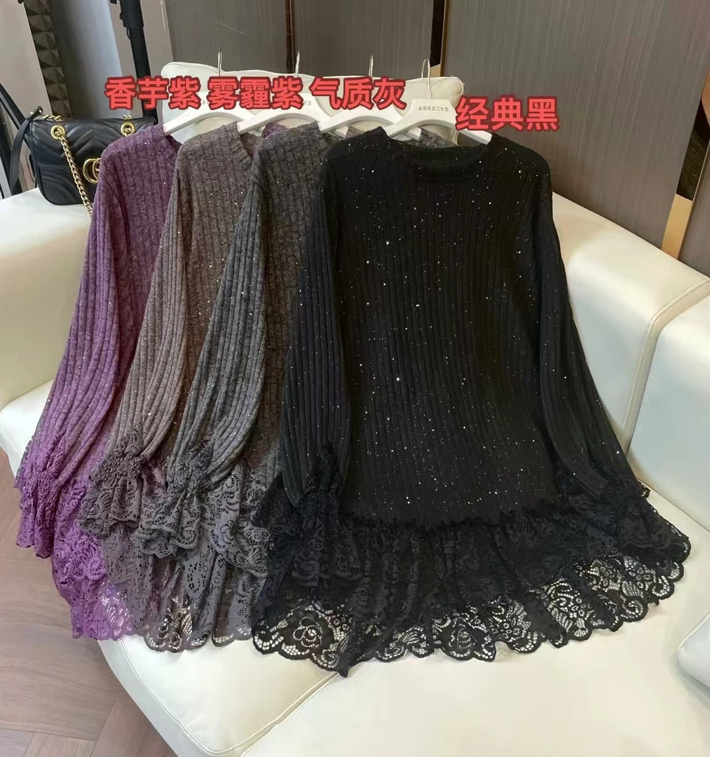 【鑫蕾】冬季新款韩系蕾丝花边拼接亮闪闪上衣别致独特28513