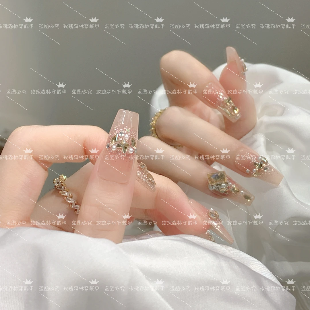 松岛冰茶&冷茶色腮红甲奢华堆堆钻高级美甲穿戴指甲穿戴甲