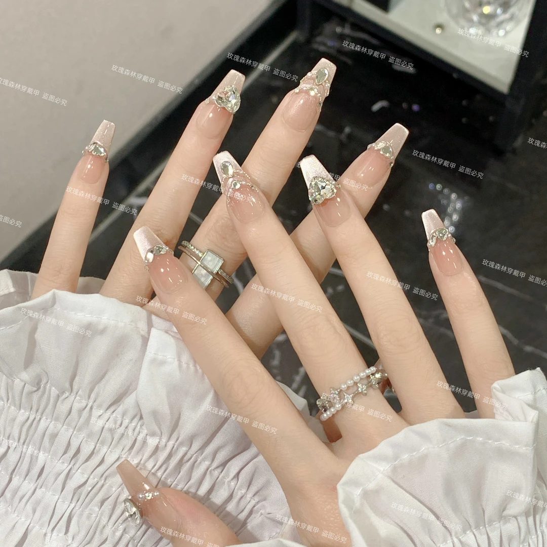 淡雅月光~ 玫瑰森林猫眼法式氛围感美甲钻饰手工穿戴甲