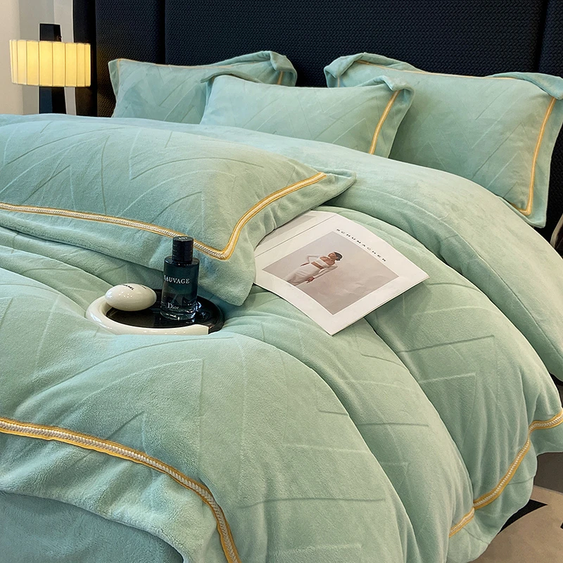 富安娜A类婴儿级牛奶绒四件套冬季保暖双面加厚被套加绒床上用品