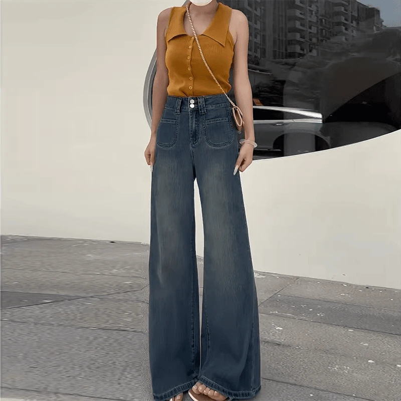 大码定制弹力微喇叭不贴腿高腰直筒微喇叭牛仔裤女宽松显瘦百搭