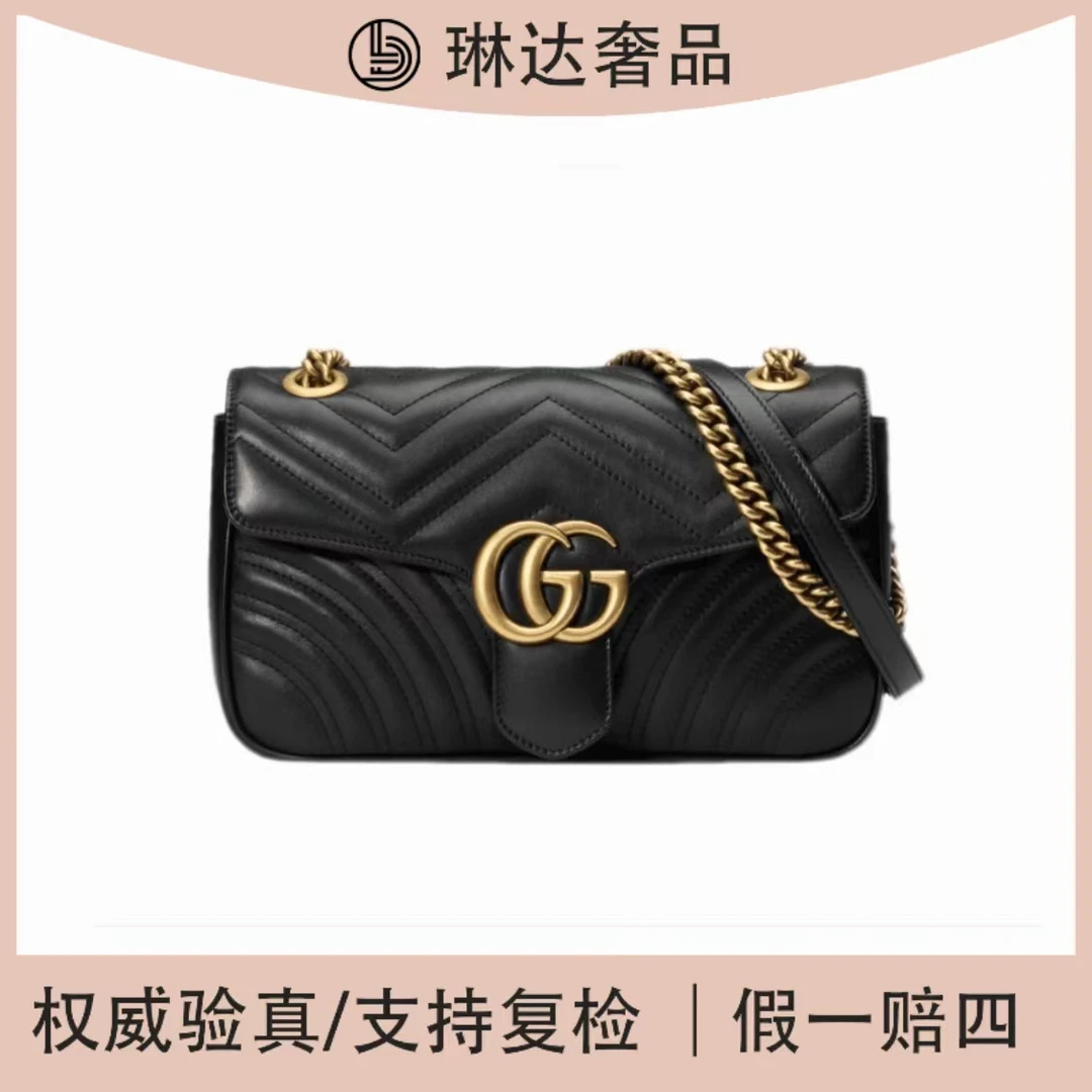 99新 GUCCI/古驰 经典黑色金扣马蒙26肩包单肩斜挎包中号（琳达）
