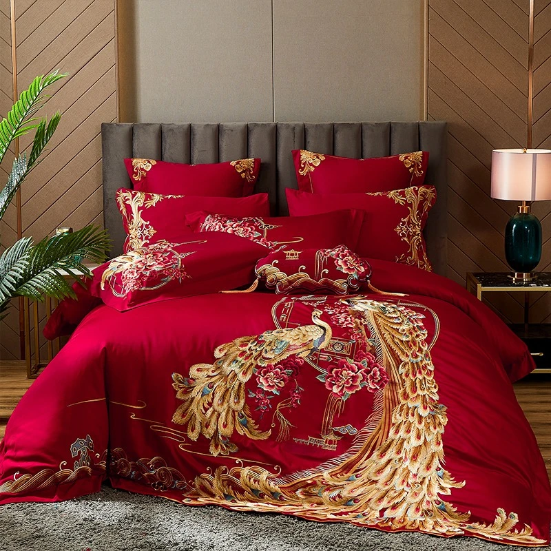 中式婚庆四件套红色全棉纯棉结婚喜被六件套高档婚房陪嫁床上用品