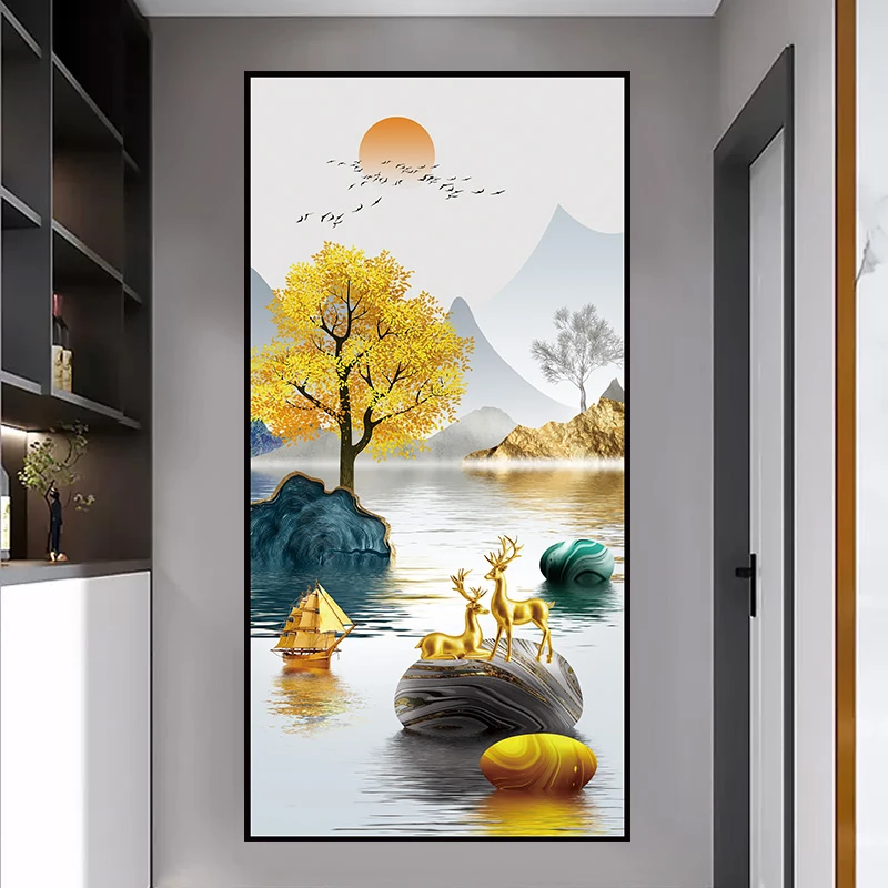 现代简约轻奢高级感壁画新中式吉祥鹿入门玄关装饰画自粘墙面贴画