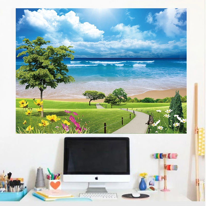 治愈系海边风景装饰壁画客厅餐厅卧室墙面壁纸现代3d立体自粘贴画