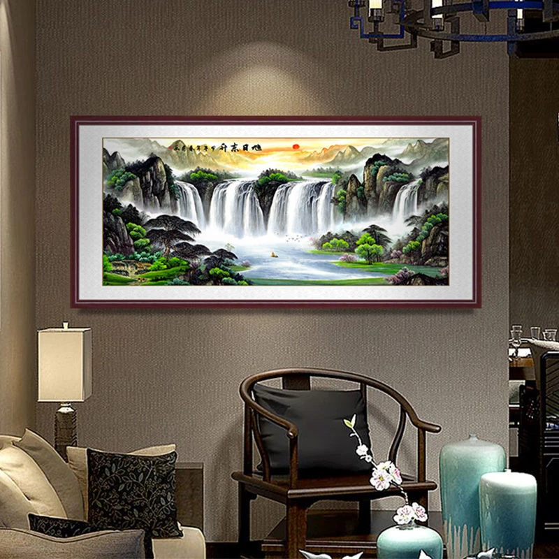 3d立体墙贴客厅办公室字画风水壁画装饰画国画旭日东升自粘山水画
