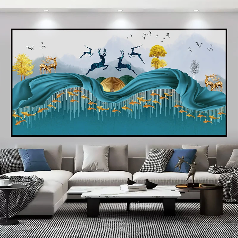 中式好寓意吉祥鹿墙贴现代简约客厅沙发背景墙装饰画轻奢自粘贴画