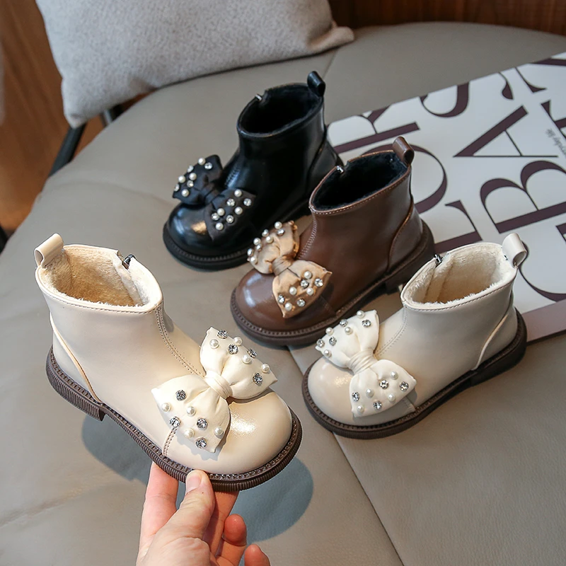 女童加绒皮靴2023冬季新款小女孩蝴蝶结马丁靴中大童二棉靴MQ-A35