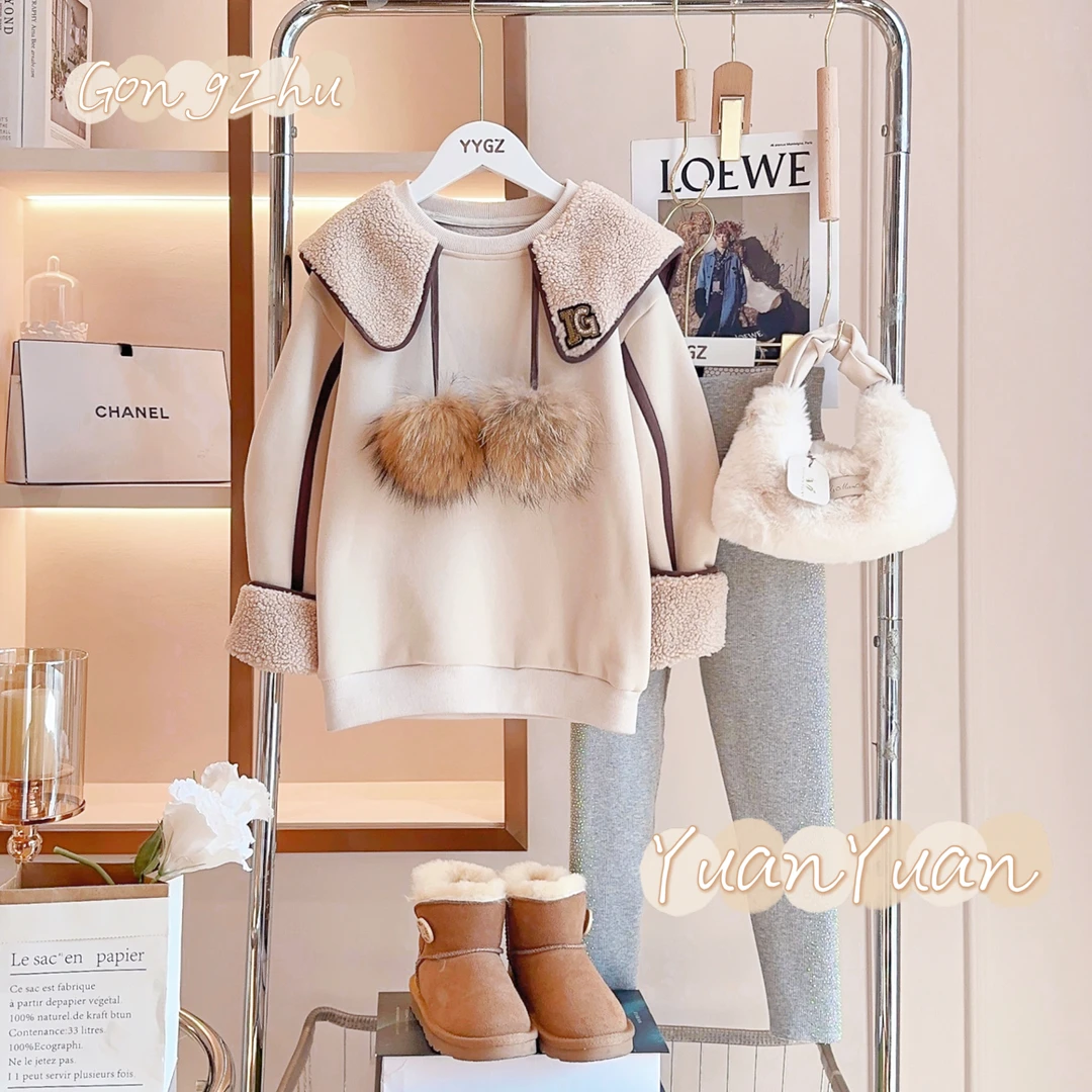 媛媛公主【加绒加厚】2023冬季女童中大童长款翻领卫衣13408R309