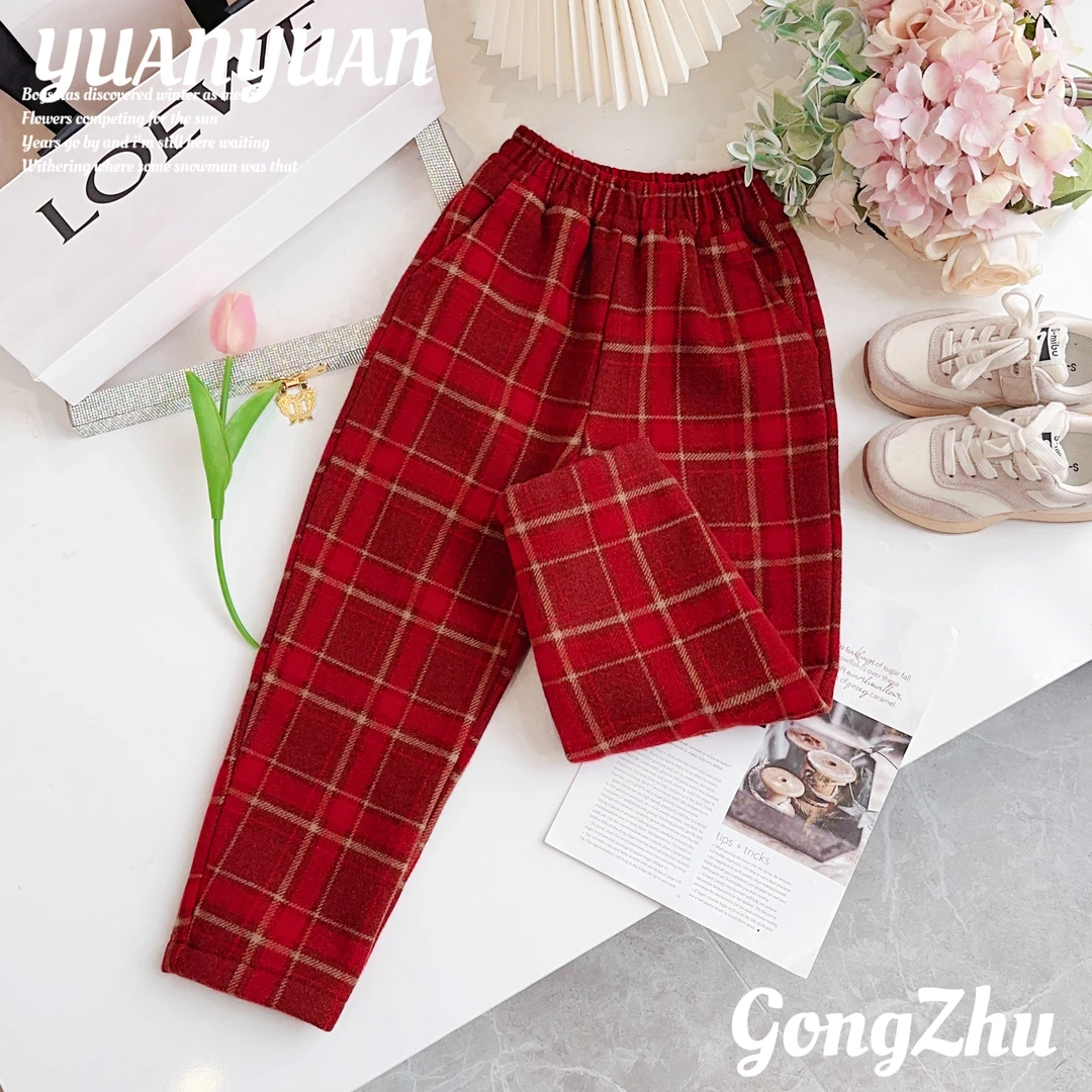 媛媛公主2023冬季女童中大童加绒格纹时尚休闲裤63421T931