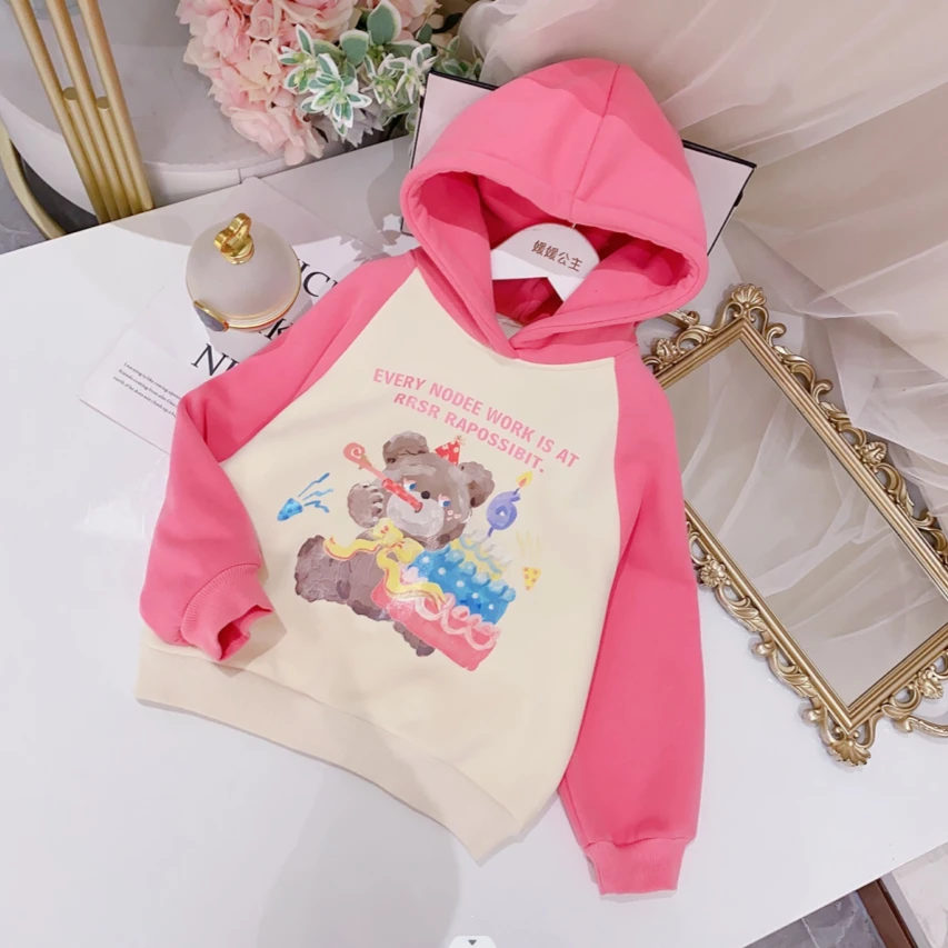 媛媛公主2023冬季小熊加绒字母卫衣62303S619连帽洋气粉色女童