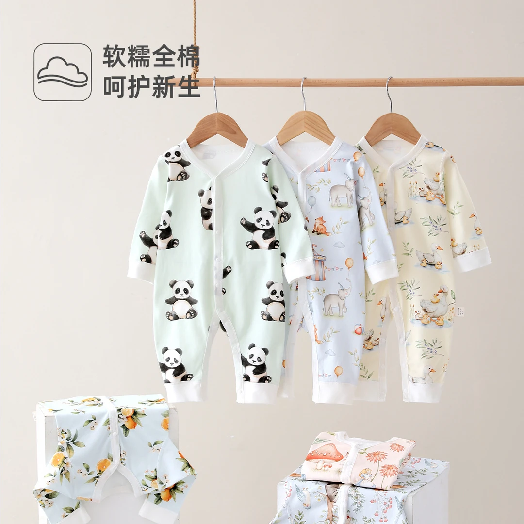 新生儿纯棉a类服装春秋爱丽丝满印婴儿连体衣0-1岁宝宝衣服四季款