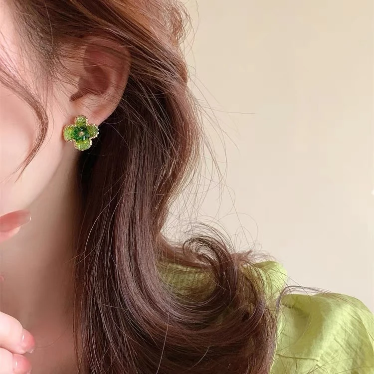 铜合金耳饰 轻奢花朵2025新款耳环网络爆款高级感小清新绿色