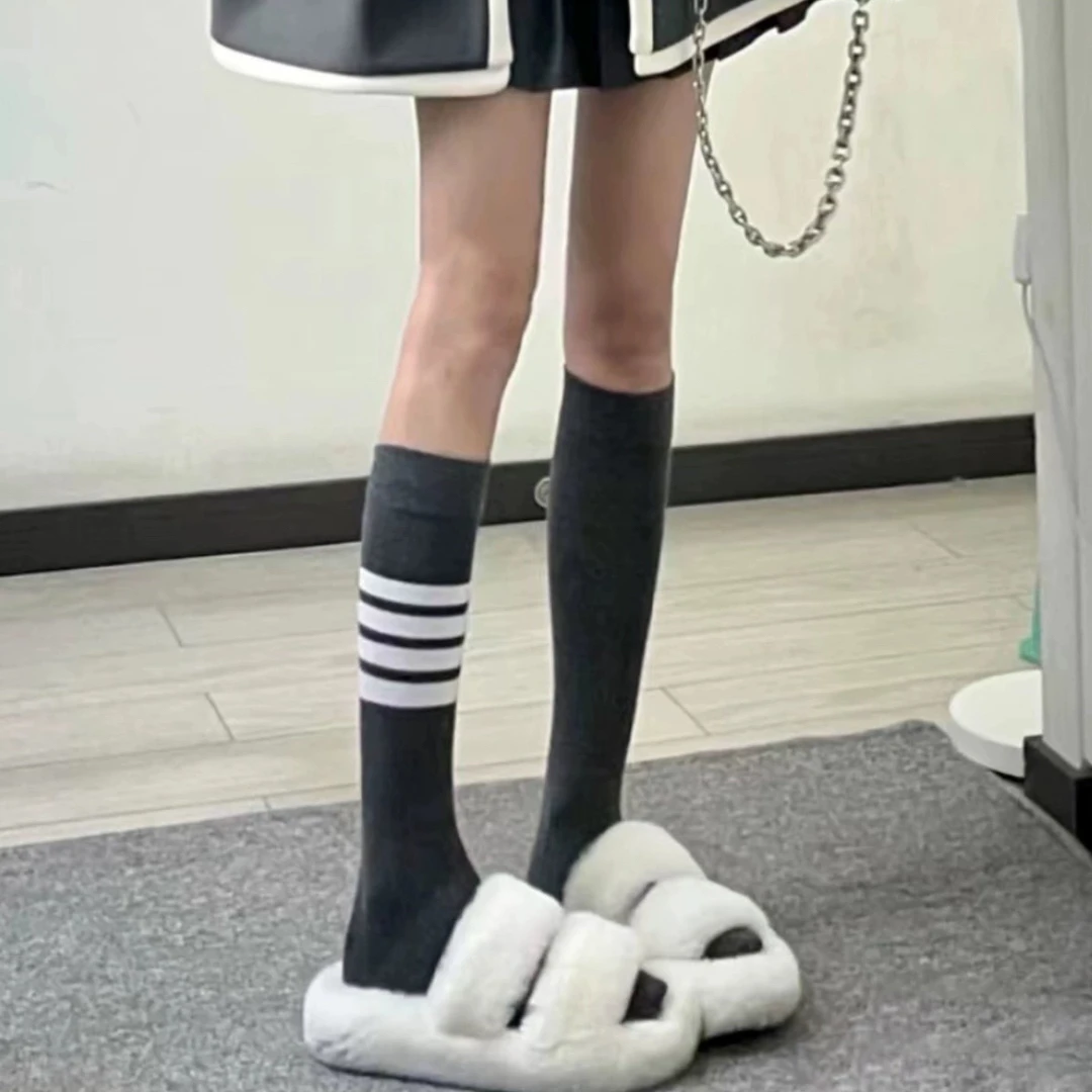 春夏AB版四条杠小腿袜女微微压显瘦外穿搭配黑白色运动瑜伽长袜子