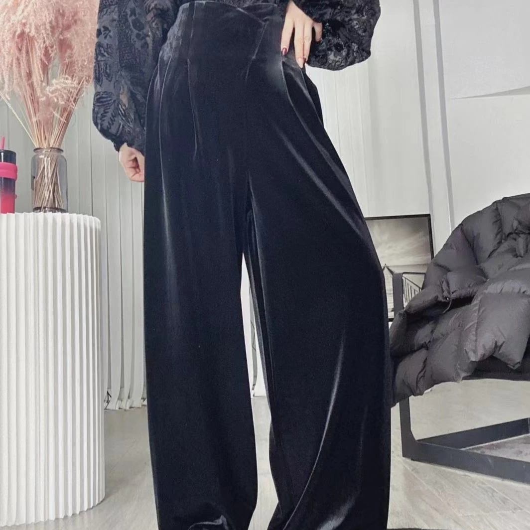 infobyfive丝绒阔腿裤女秋冬高级感2023新款显瘦直筒裤2CL2601