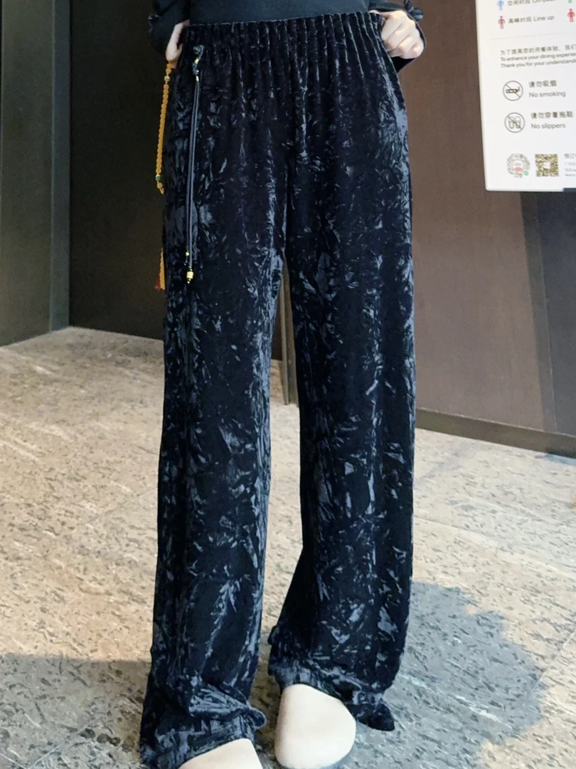 气质高级感金丝绒新中式宽松阔腿裤女2024秋季新款高腰垂感直筒裤