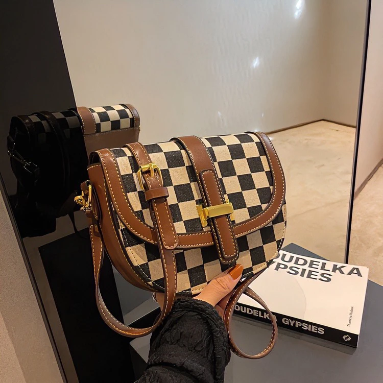 时尚百搭ins单肩斜挎包休闲复古质感小众千鸟格小方包洋气肩包