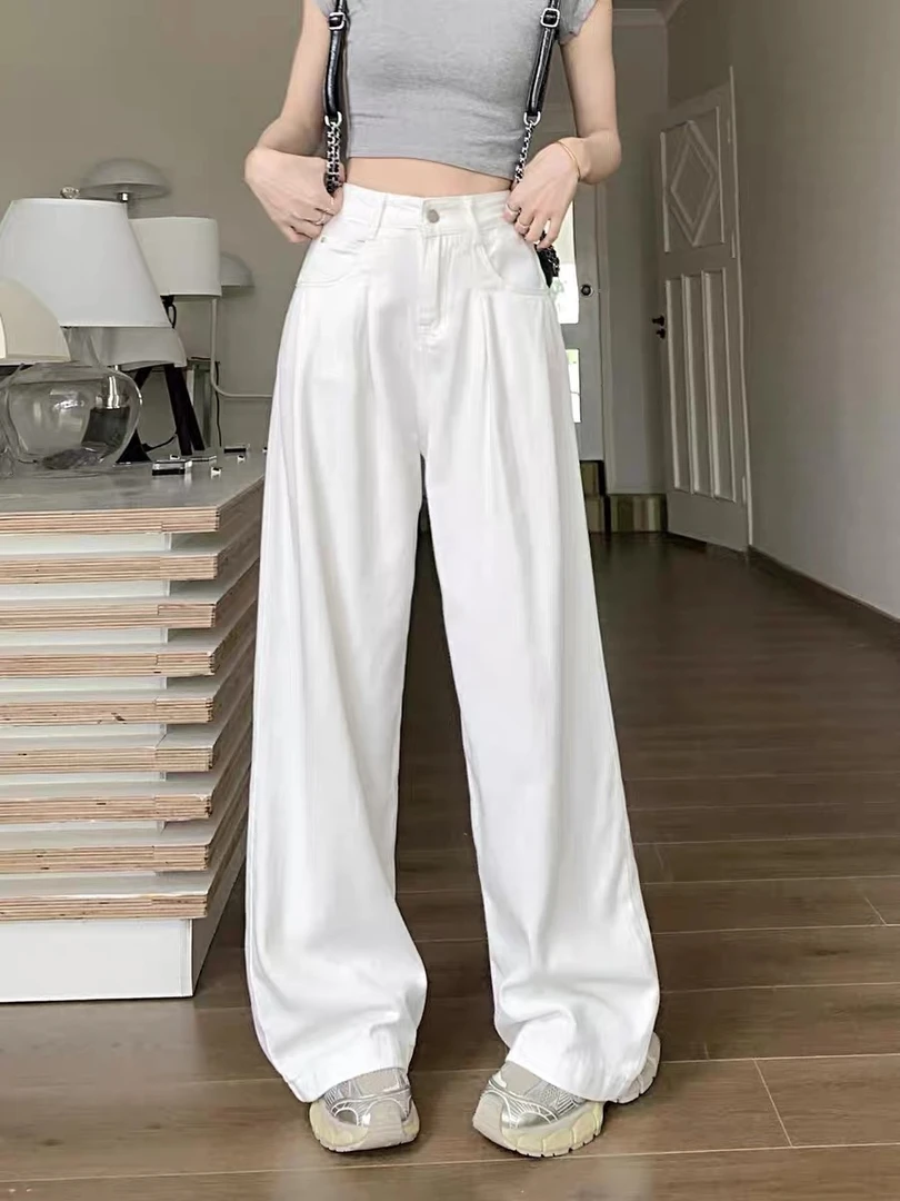 白色褶皱垂感阔腿牛仔裤女2024新款宽松直筒拖地长裤