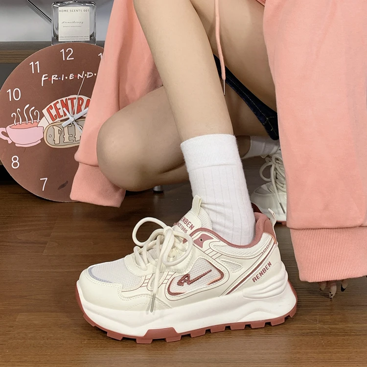 人本红色潮流休闲鞋女2025新款厚底运动鞋小众原创百搭复古老爹鞋