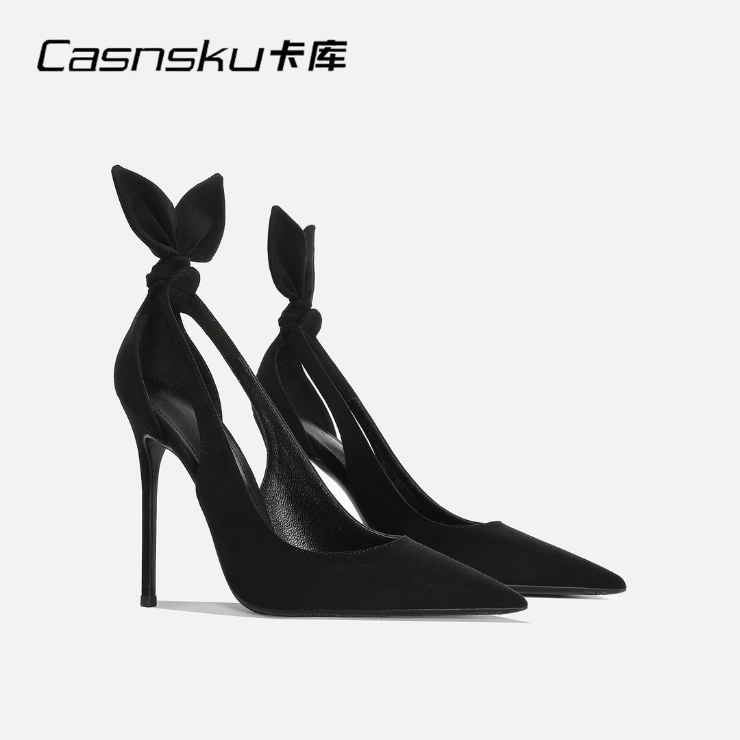 CASNSKU/卡库性感黑色兔耳朵高跟鞋设计感小众蝴蝶结斩男细跟单鞋