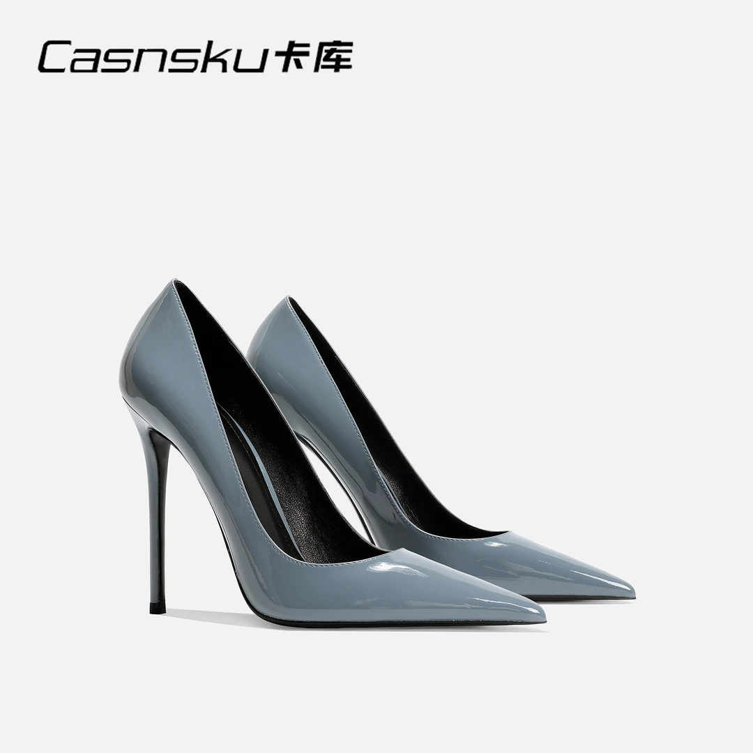 CASNSKU/卡库蓝色漆皮尖头裙子御姐轻熟风配高跟鞋女细跟气质名媛