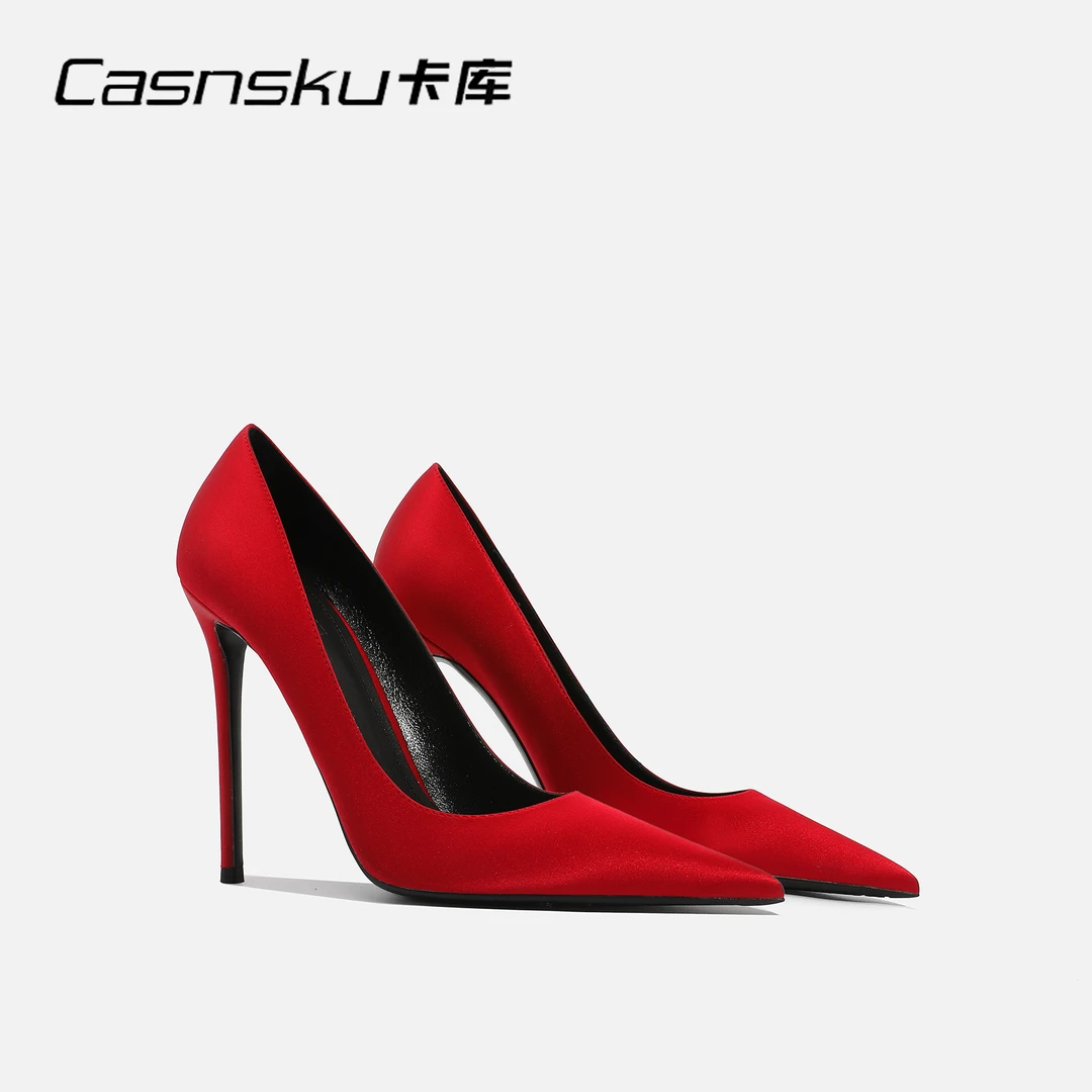 CASNSKU卡库酒红色绸缎性感百搭单鞋2023年新款尖头细跟高跟鞋