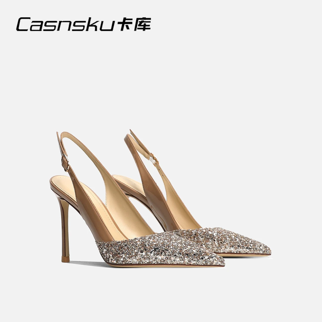 CASNSKU/卡库烫裸色高跟鞋细跟一字带亮片包头法式凉鞋2024年新款