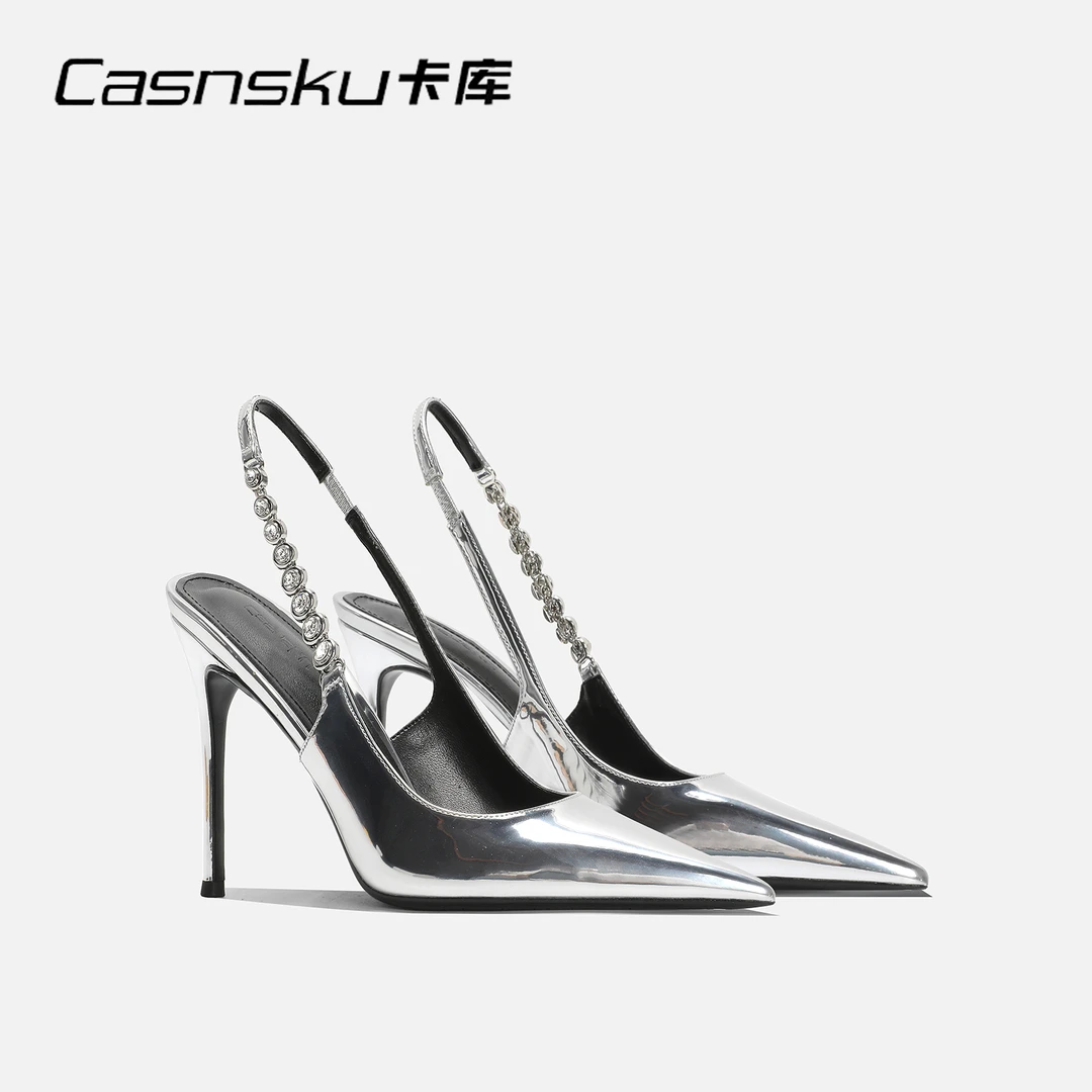 CASNSKU/卡库法式银色钻链凉鞋漆皮高跟鞋时尚轻奢2023年夏季新款