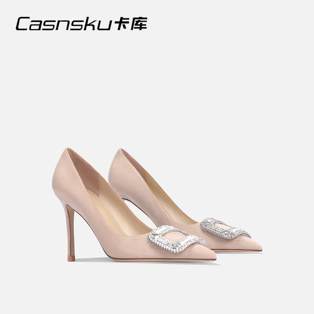 CASNSKU/卡库2023新款高跟鞋女细跟尖头浅口水钻裸色气质百搭单鞋