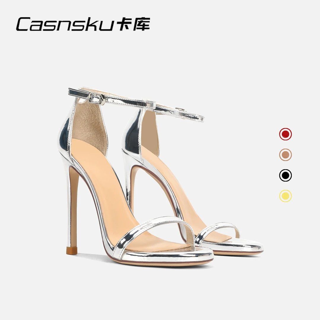 CASNSKU/卡库银色漆皮一字带高跟鞋细跟露趾凉鞋女2024年新款夏季