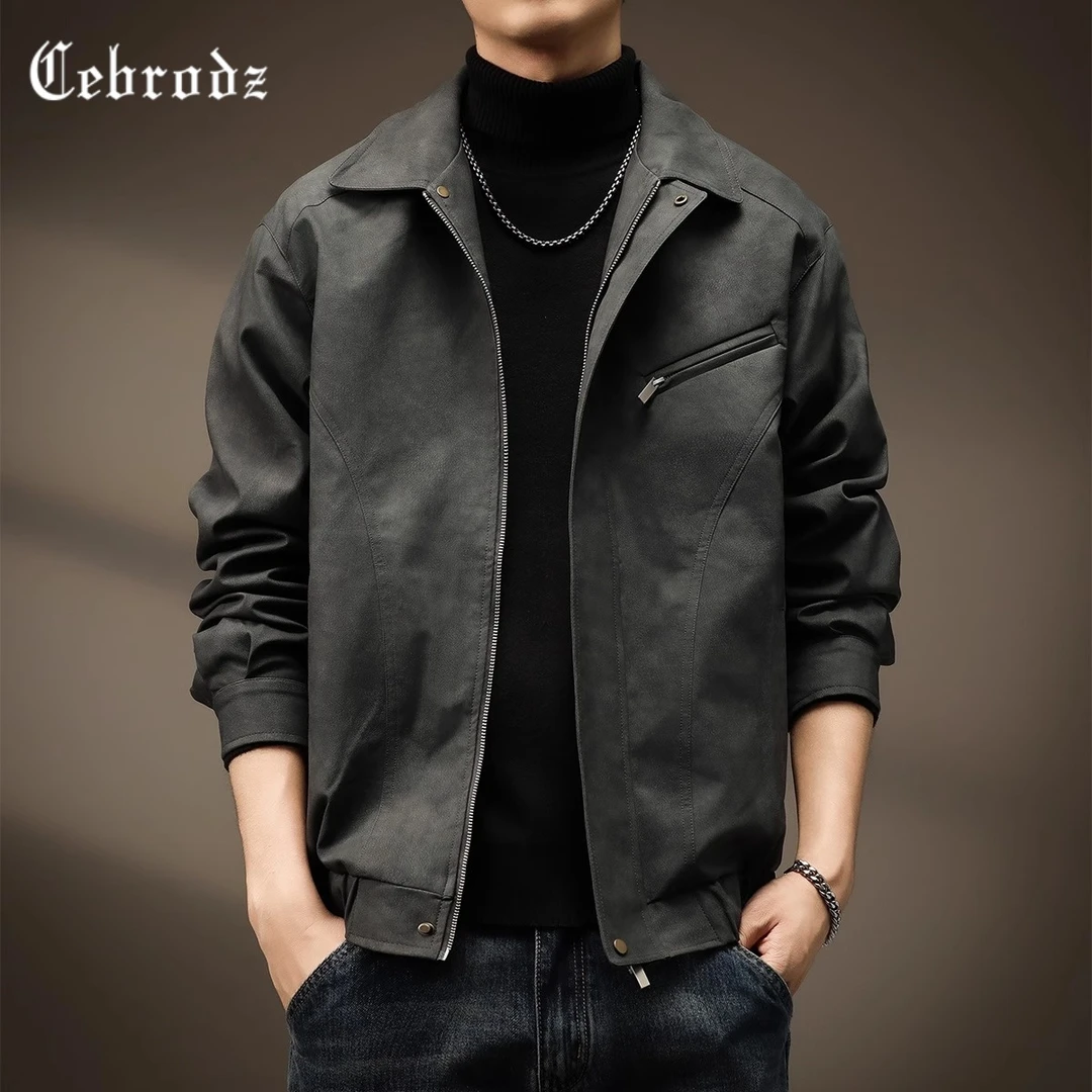 Cebrodz 复古蜡染美式皮衣夹克男秋季机车风宽松大码潮牌翻领外套