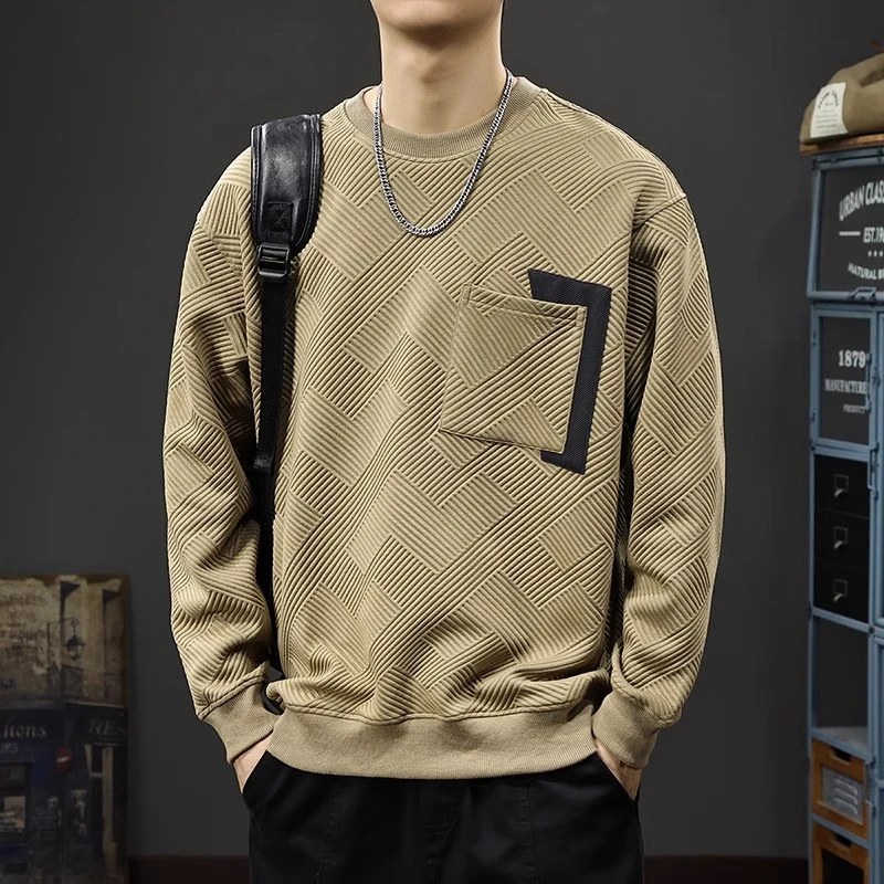 Cebrodz肌理感提花卫衣男宽松圆领休闲外套美式潮牌撞色口袋上衣