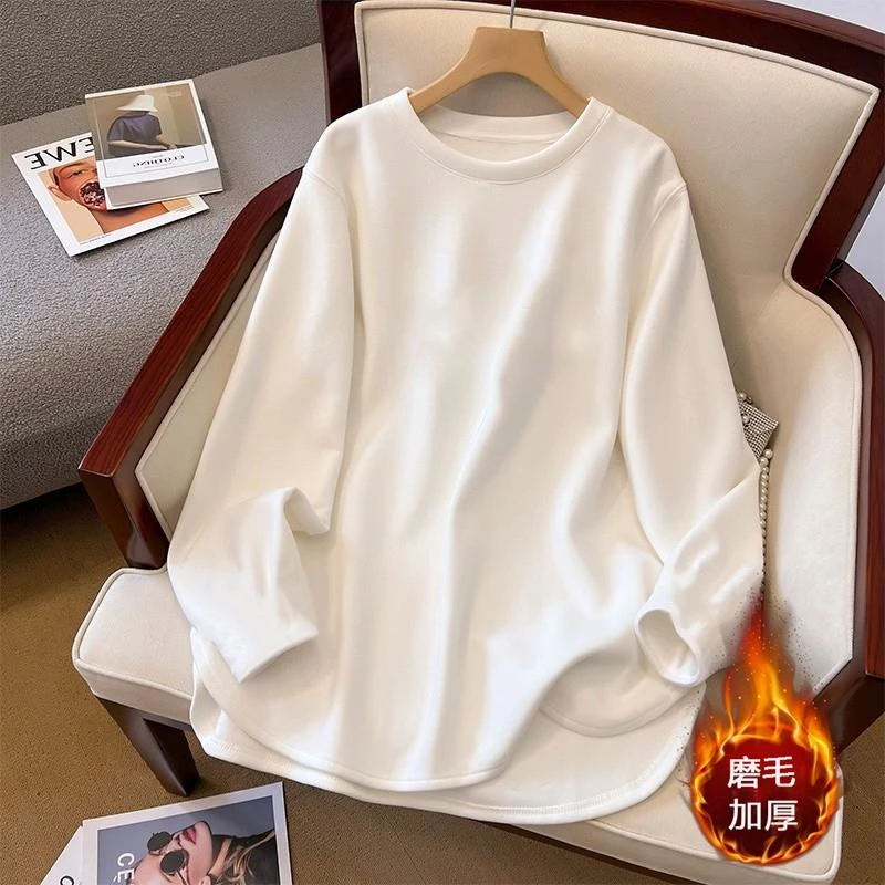 德绒中长款T恤保暖磨毛长袖t恤女秋冬设计感不规则内搭打底衫上衣