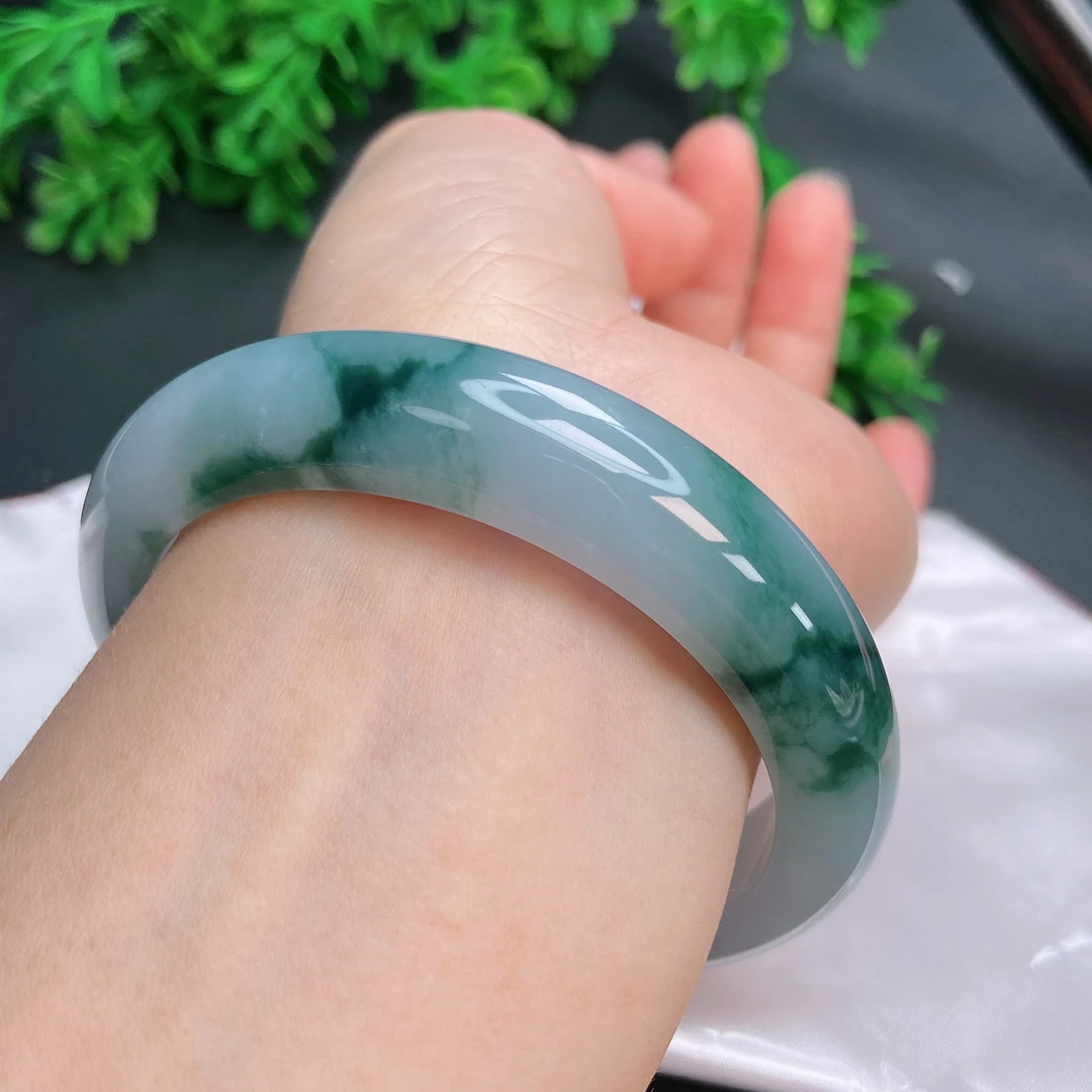 57圈飘蓝花宽版缅甸天然a货老坑双彩时尚百搭精品玉镯女款d31191