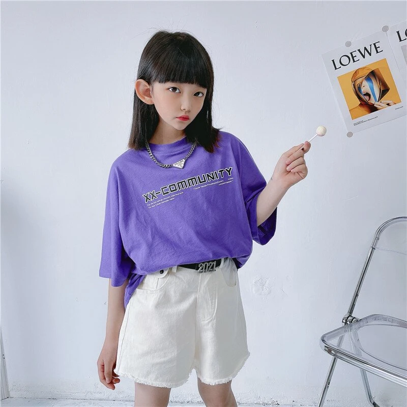 紫中大童女童短袖2025年儿童时尚休闲上衣夏季韩版宽松圆领T恤衫