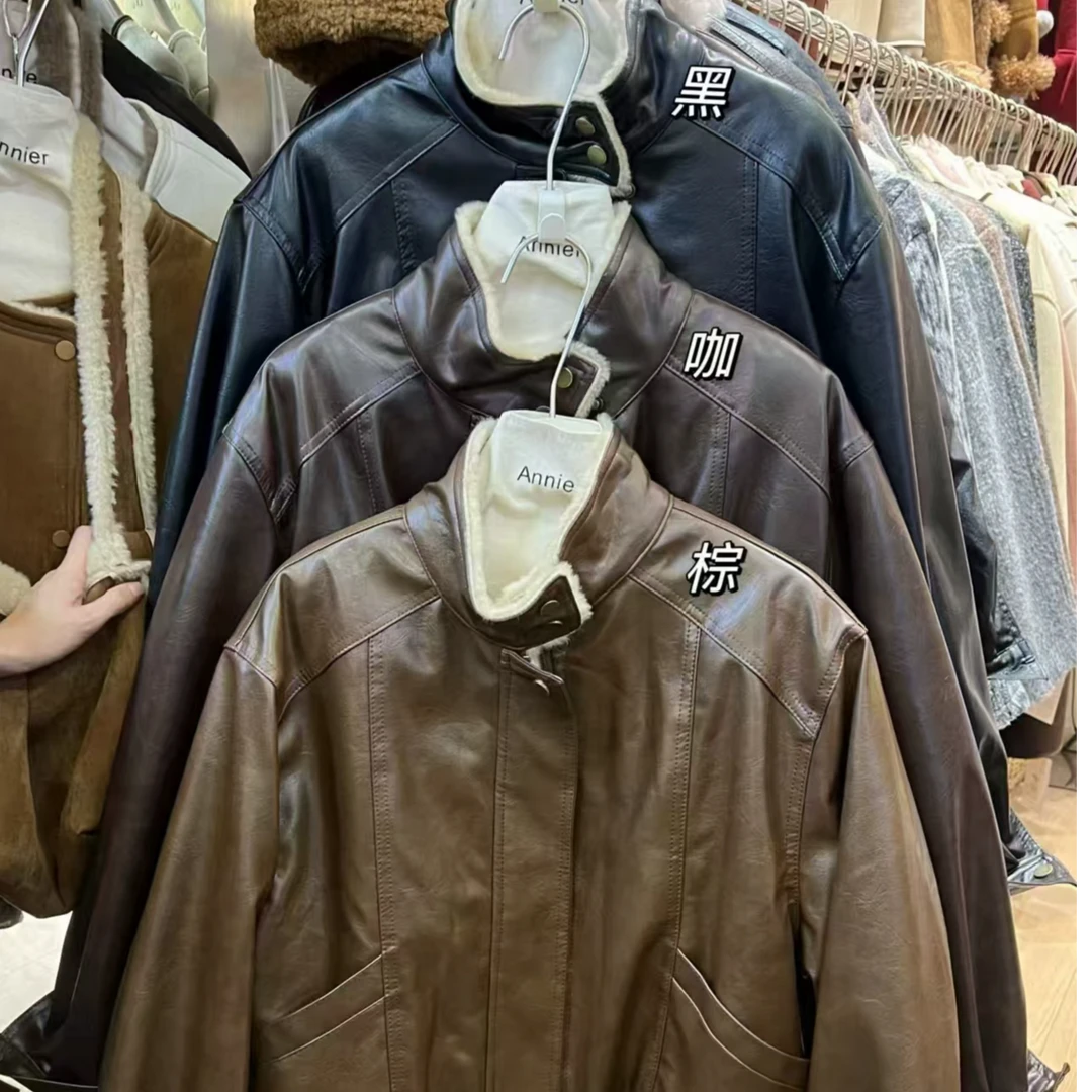 复古加绒皮衣外套女2024冬季拼接休闲加绒加厚保暖夹克外套8536