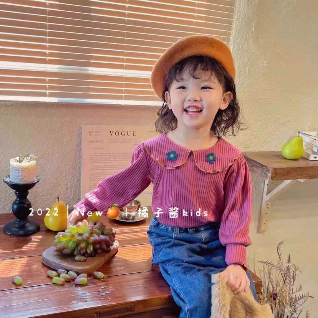 甜美女童打底衫儿童洋气坑条拼线娃娃领上衣百搭宝宝长袖T恤