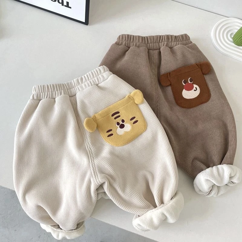 儿童一体绒长裤秋冬男童灯芯绒可爱口袋休闲束脚裤宝宝灯笼裤潮