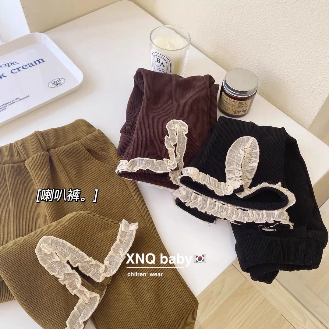 女童春秋韩版开叉裤子新款女宝宝洋气时髦花边喇叭裤潮