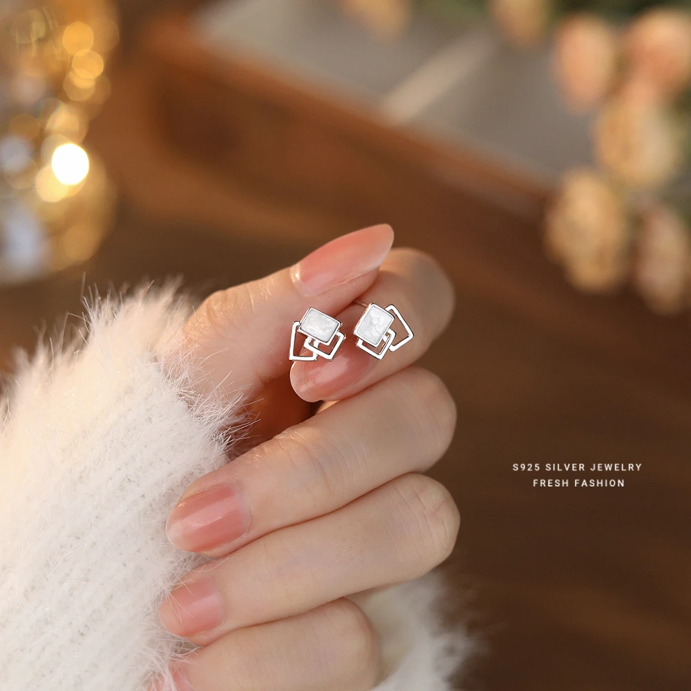 925银耳饰 纯银几何方形耳钉女时尚轻奢小众设计高级感送闺蜜礼物