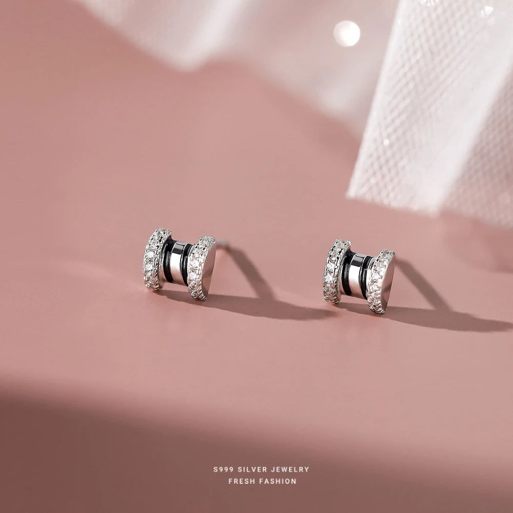 足银耳饰 999小蛮腰耳钉女微镶锆石超闪小众设计师轻奢气质高级感