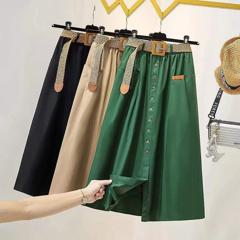 2024新款纯棉半身裙韩版不规则小香风高腰高档口袋显瘦大摆a字裙