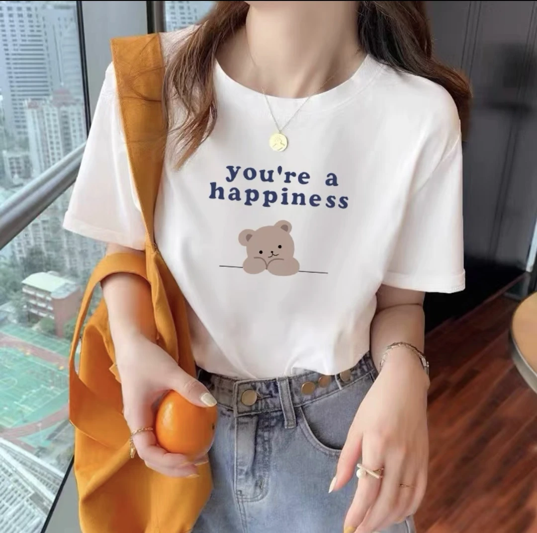 230克正肩纯棉宽松厚实长袖潮牌小熊夏季白色情侣T恤ins显瘦同款