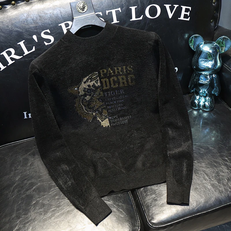 2023秋冬季烫钻天鹅绒毛衣男士潮牌潮流加厚保暖羊毛针织打底衫男