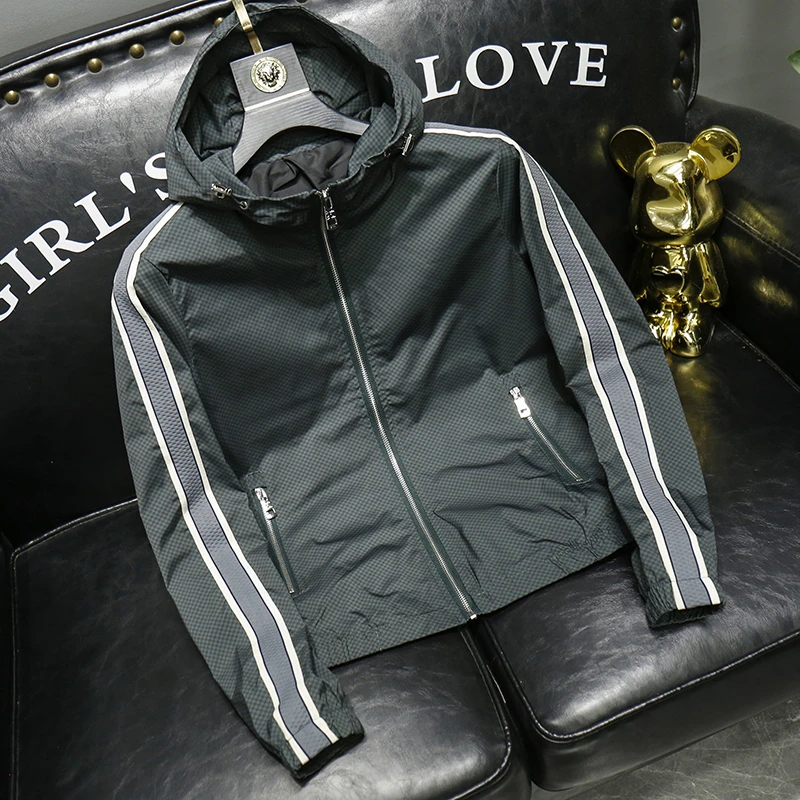 潮牌休闲拼色连帽外套男2023春秋季新款上衣潮流帅气修身男士夹克